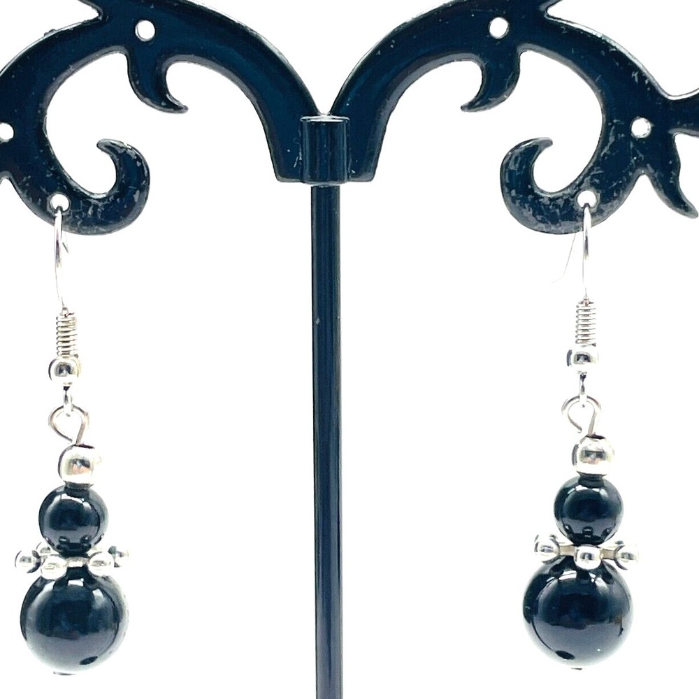 Vintage Black Bead Earrings Silver Tone Dangle Drop Pierced